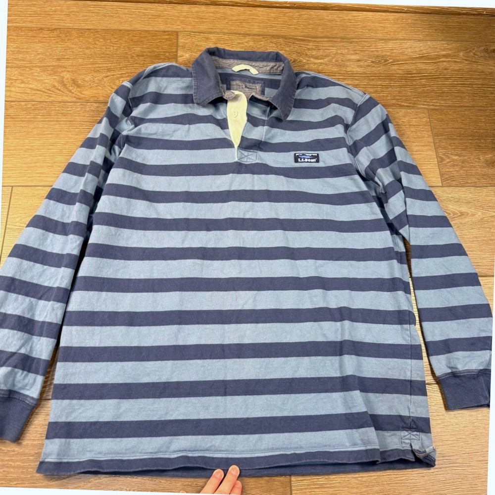 L.L. Bean Men's Rugby Striped Long Sleeve Polo Shirt Blue Stripe Size Large